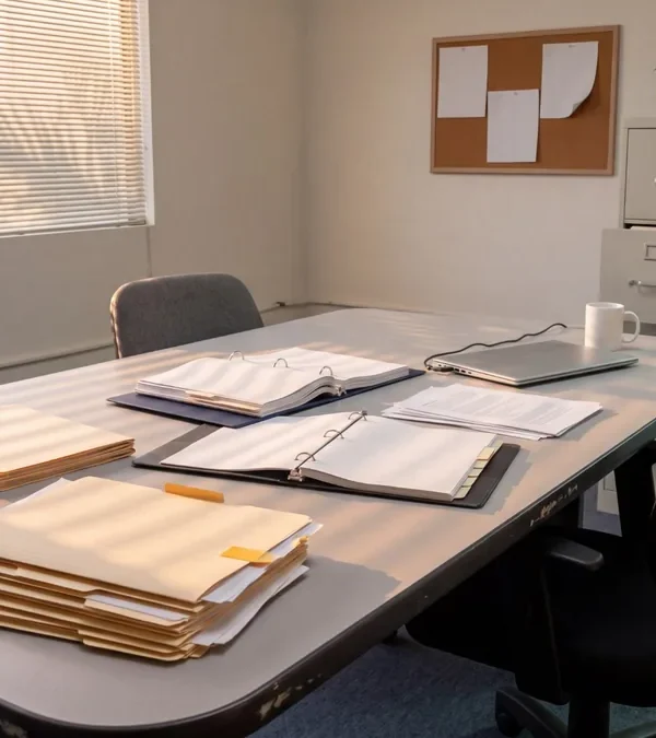 Student and faculty files laid out on a career college office table ahead of a compliance inspection