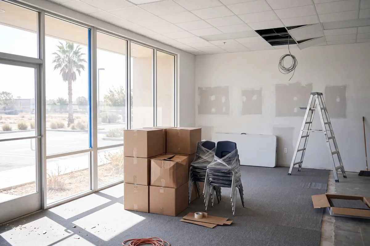 An empty office suite with moving boxes, being fitted out as a new school location