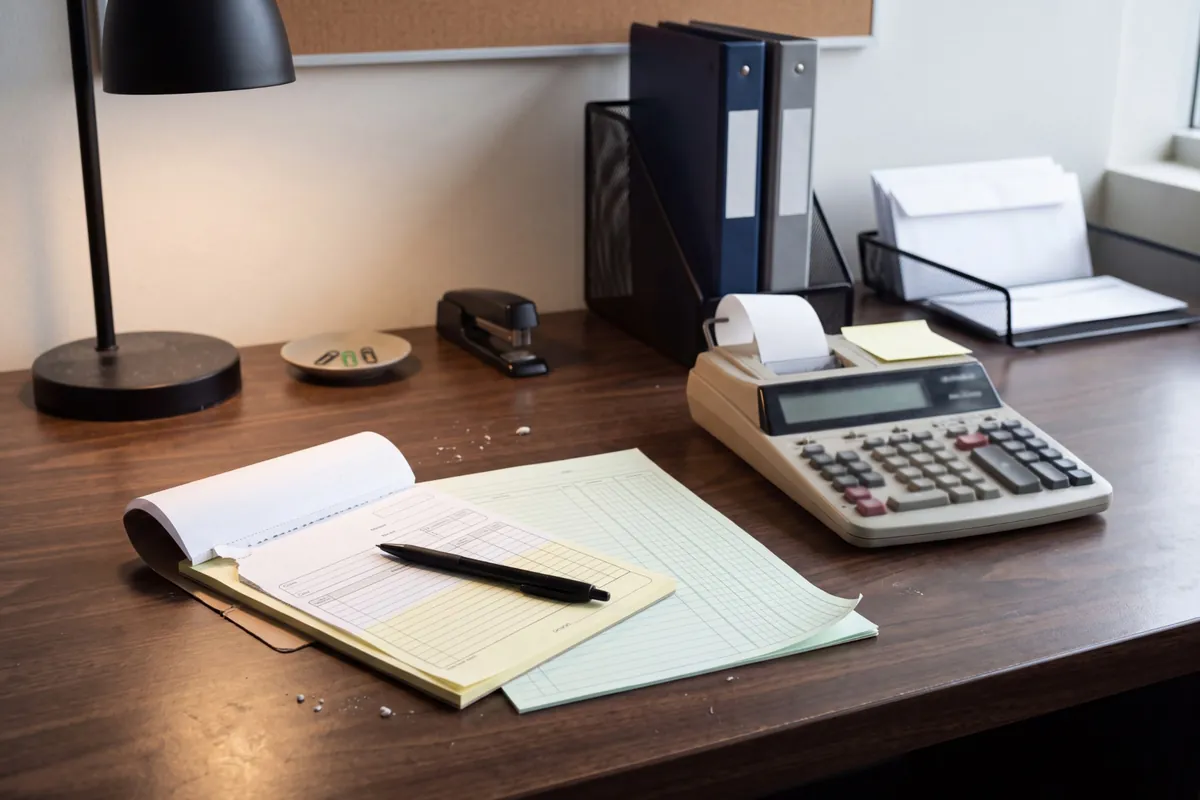 Receipt book, calculator and ledger on a school business office desk