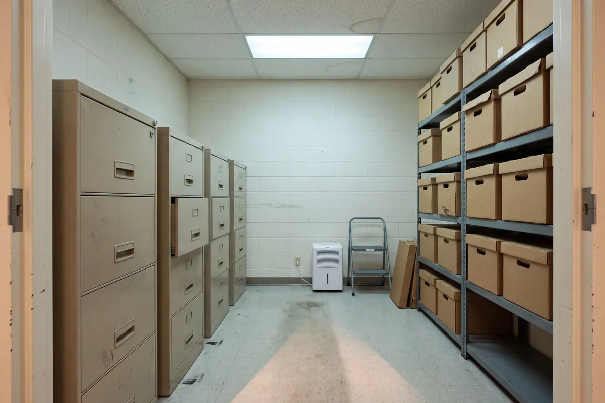 Locked filing cabinets and archive boxes in a school records room