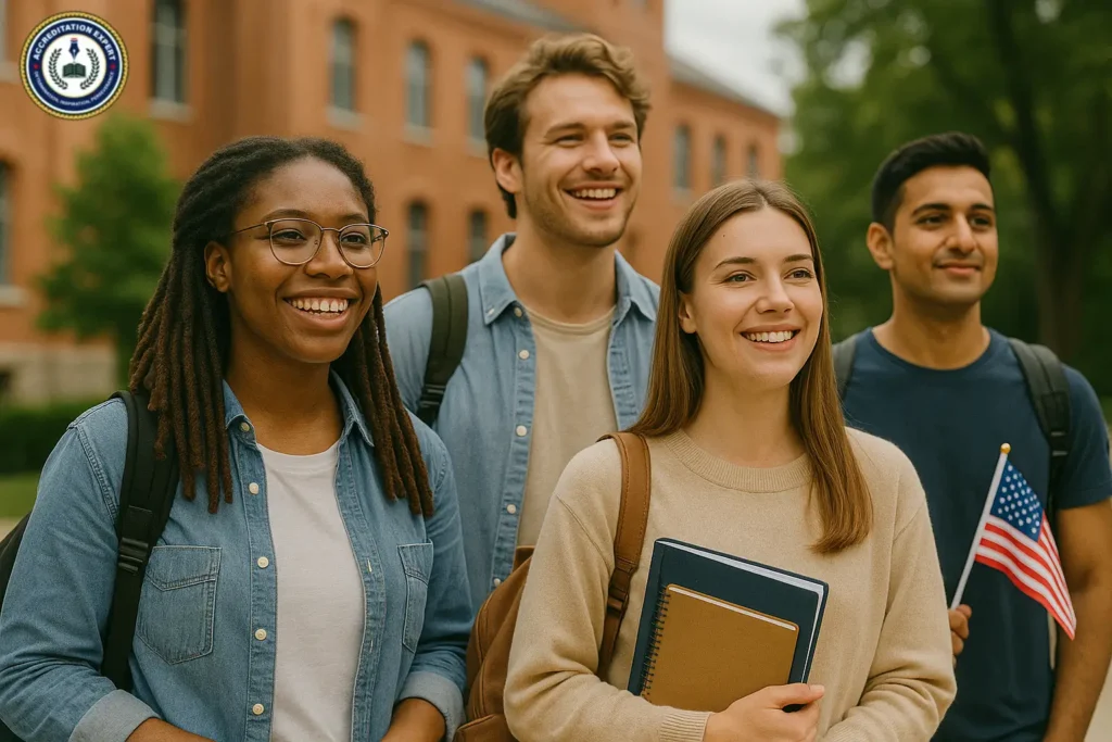 Diverse group of international university students standing on a U.S. college campus, symbolizing opportunity and higher education in America – AccreditationXpert