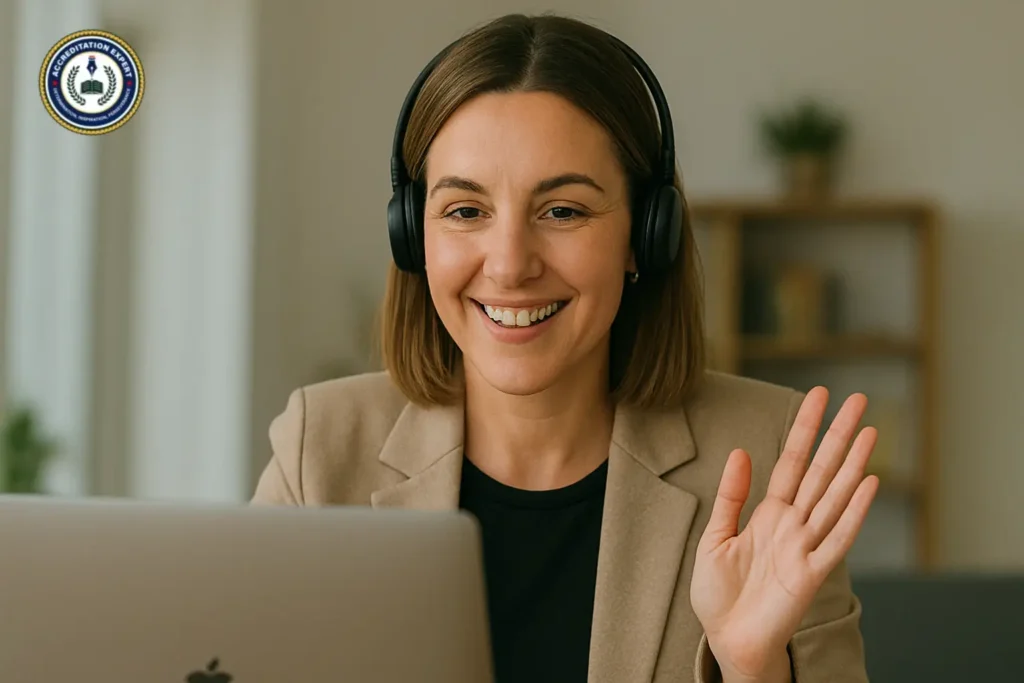 Smiling female education consultant offering virtual university licensing advice during an online meeting – AccreditationXpert free consultation