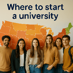 Diverse group of smiling college students standing in front of a colorful U.S. state map, representing higher education opportunity and regional planning in America