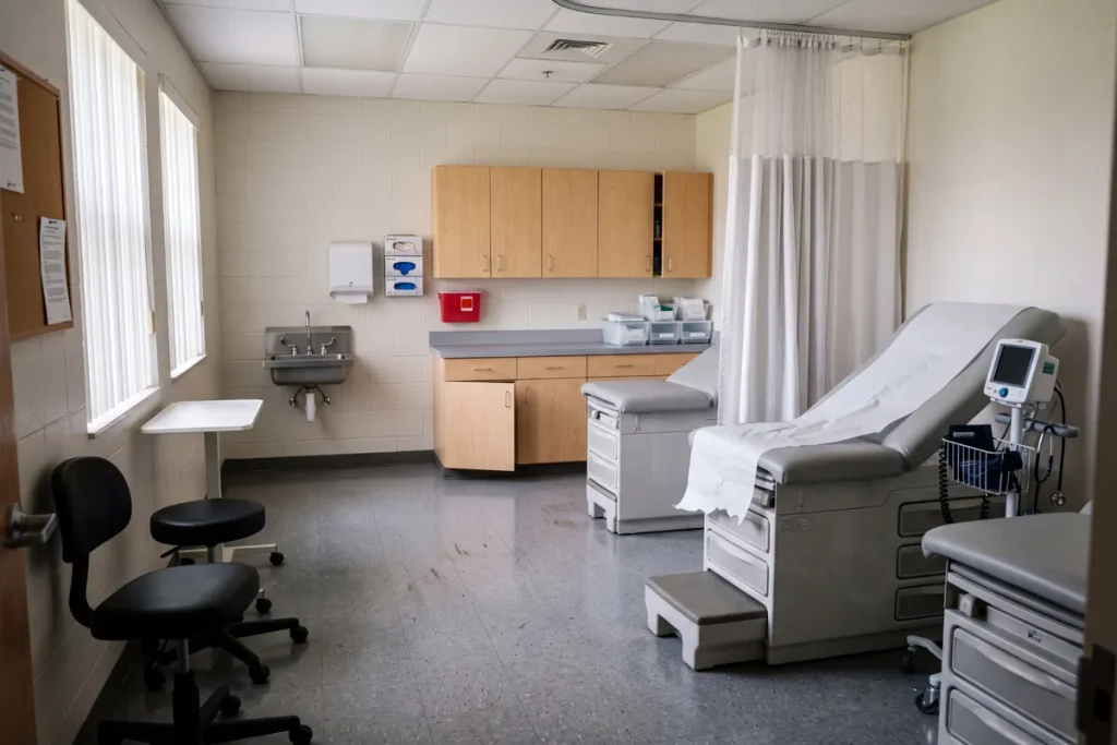 Medical assisting training lab with exam tables and clinical equipment in a private career college