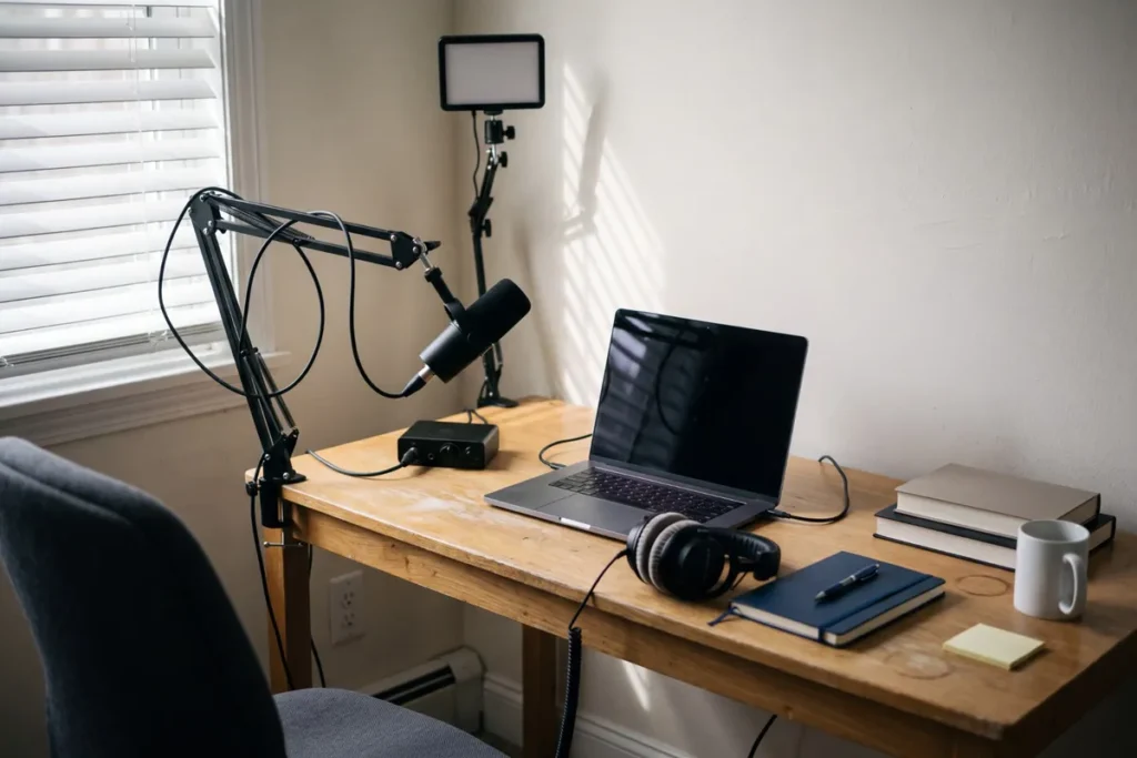 Home office set up to record lessons for an online college course