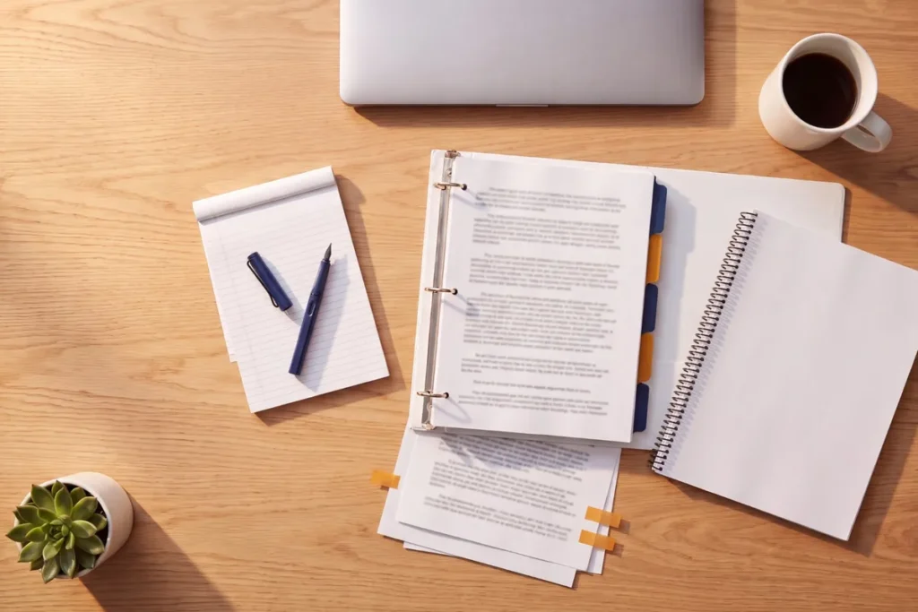 Binders and draft planning documents for a new private college on a desk