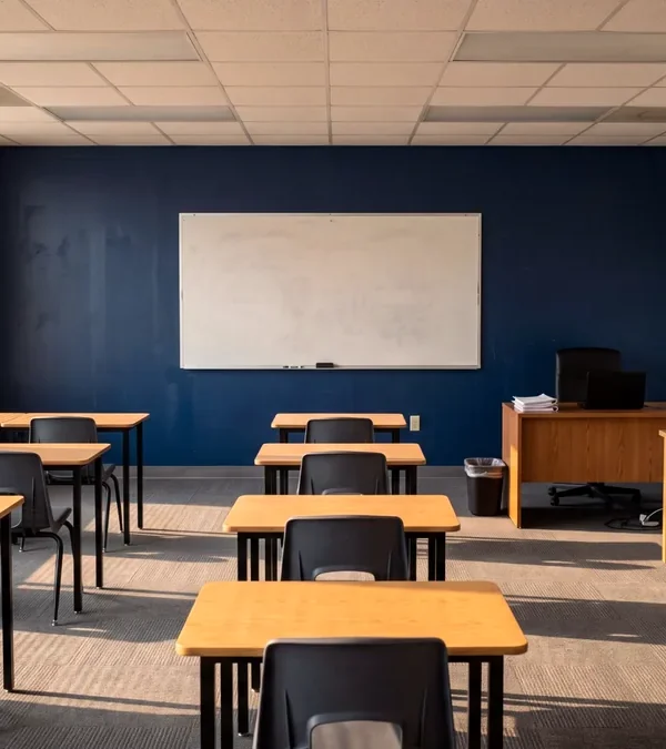 Empty, newly furnished classroom in a small private college before its first class
