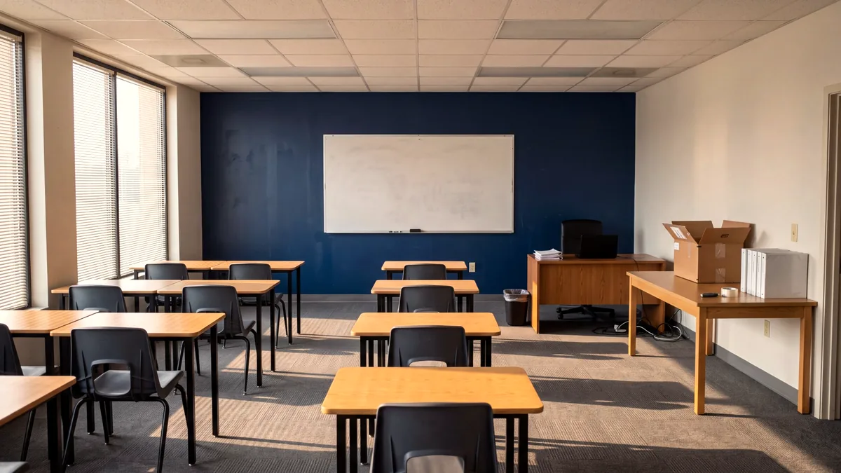Empty, newly furnished classroom in a small private college before its first class