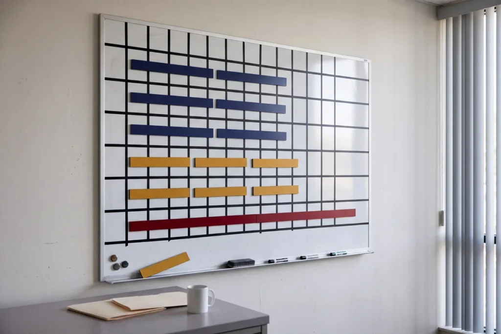 A term planning board in an academic office with colored strips marking modules of different lengths