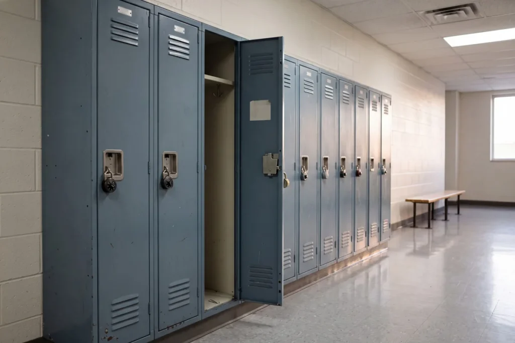 A row of student lockers in a career school hallway with one locker standing open and empty