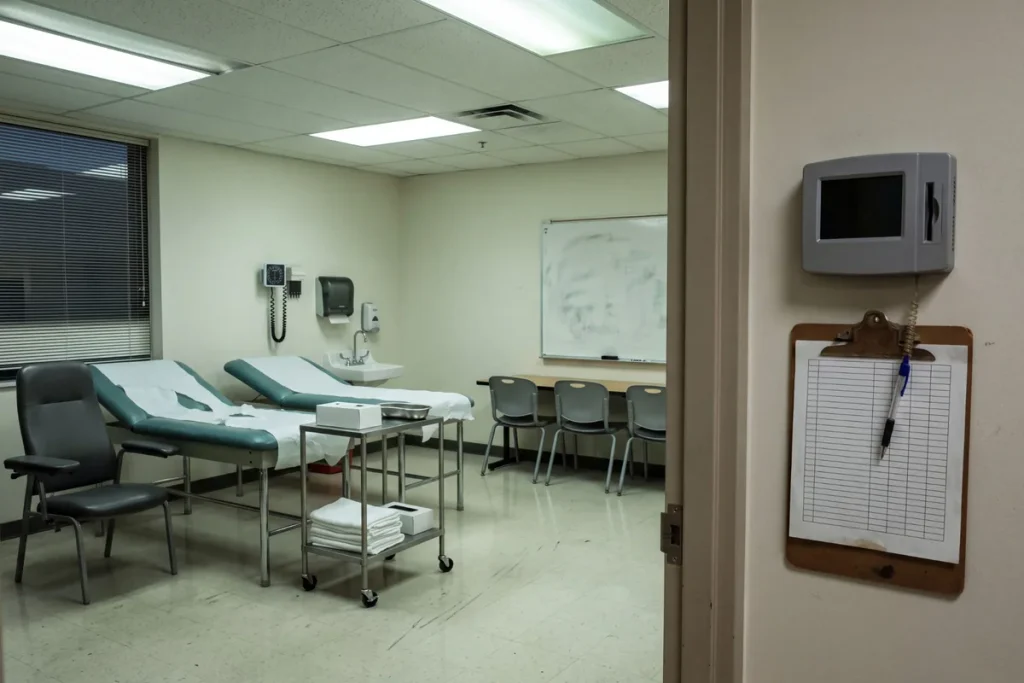 Clock-hour training classroom with an attendance terminal and sign-in clipboard by the door