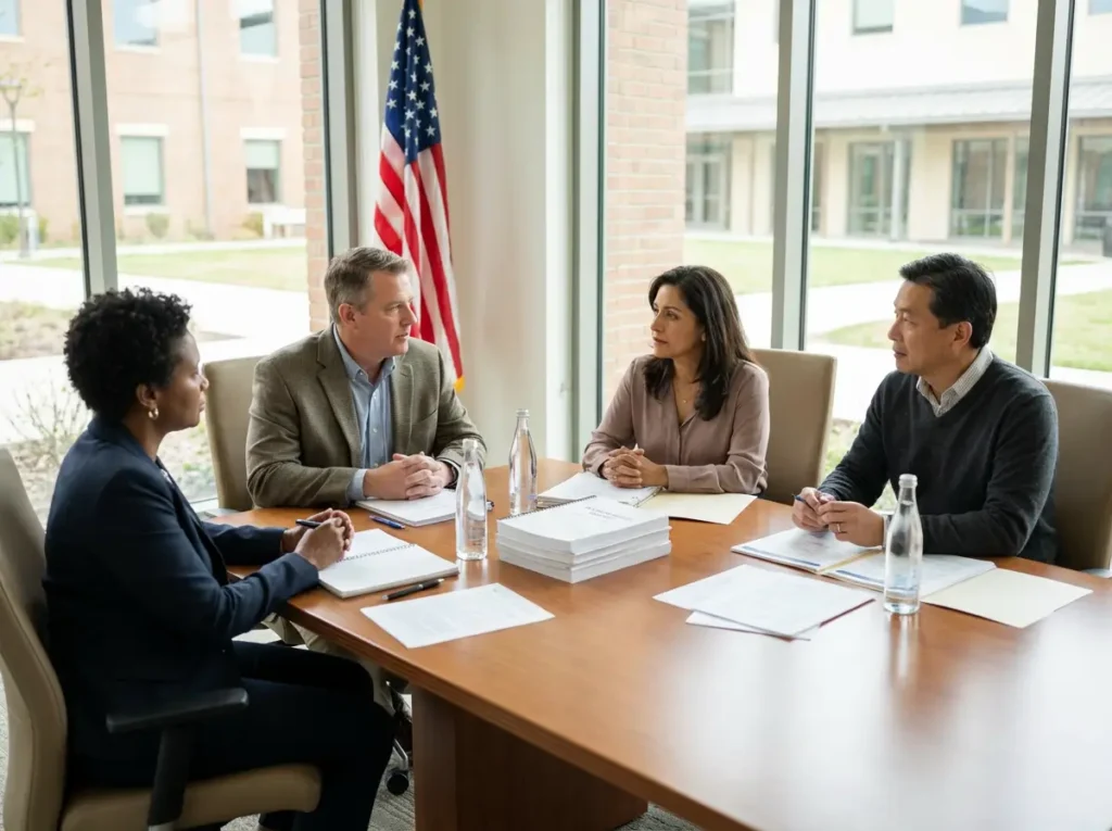 Higher education leadership team reviewing accreditation quality management system documents during a compliance meeting
