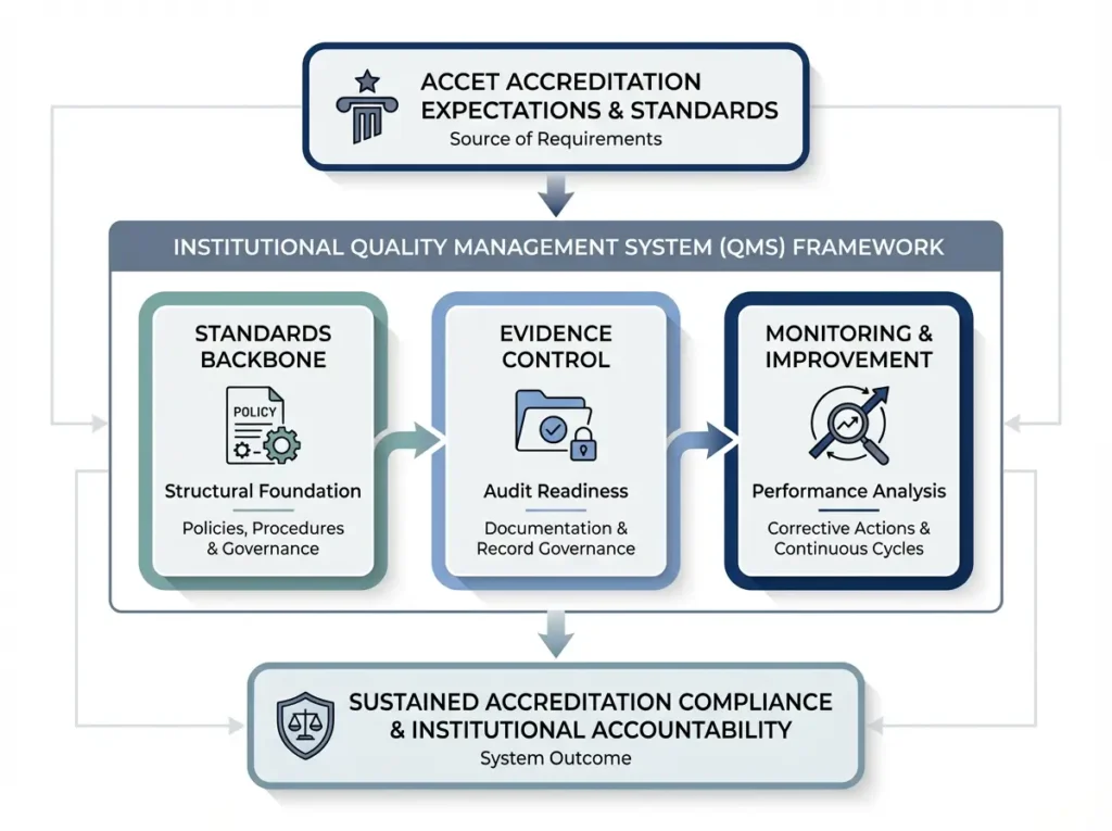 ACCET Quality Management System (QMS) framework illustrating standards backbone, evidence control, and monitoring for accreditation compliance