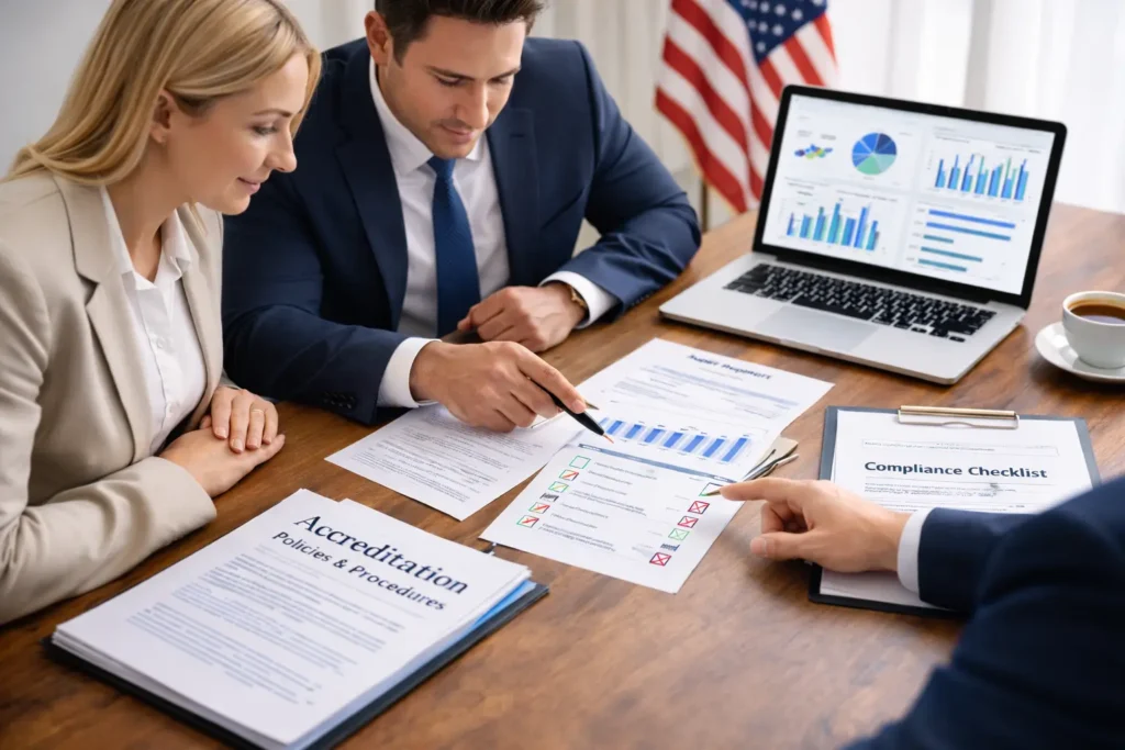 University compliance team reviewing accreditation documents to identify causes of non-compliance