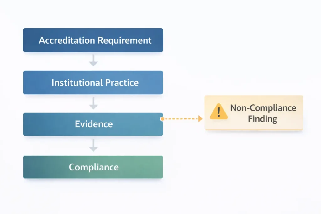 Diagram showing how gaps in evidence during the accreditation process can lead to a non-compliance finding