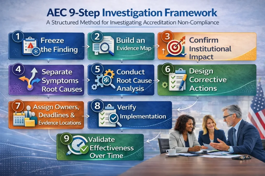 AEC 9-step framework for investigating accreditation non-compliance and designing corrective actions