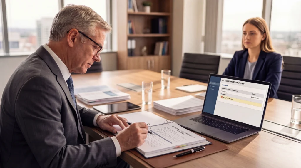 accreditation reviewer evaluating institutional compliance documents and evidence system