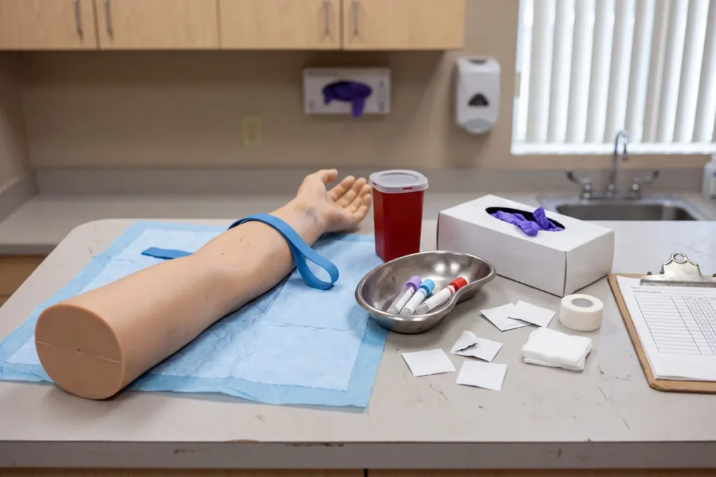 A venipuncture practice arm and supplies on a skills lab counter, the hands-on instruction that keeps a course from counting as distance education