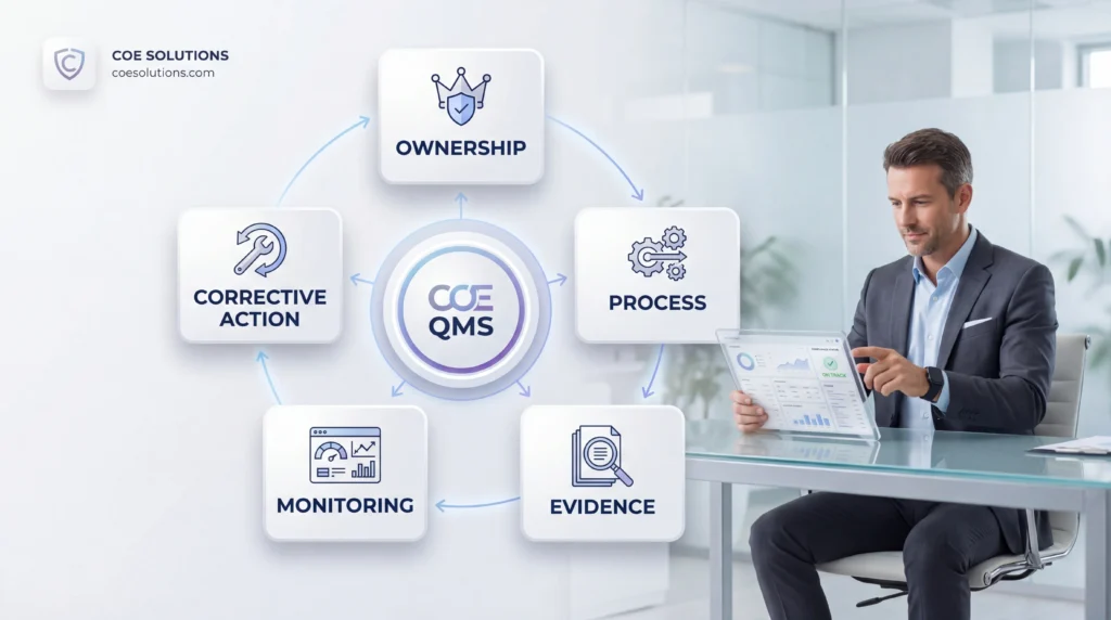 COE Quality Management System framework showing ownership, process, evidence, monitoring, and corrective action in accreditation compliance