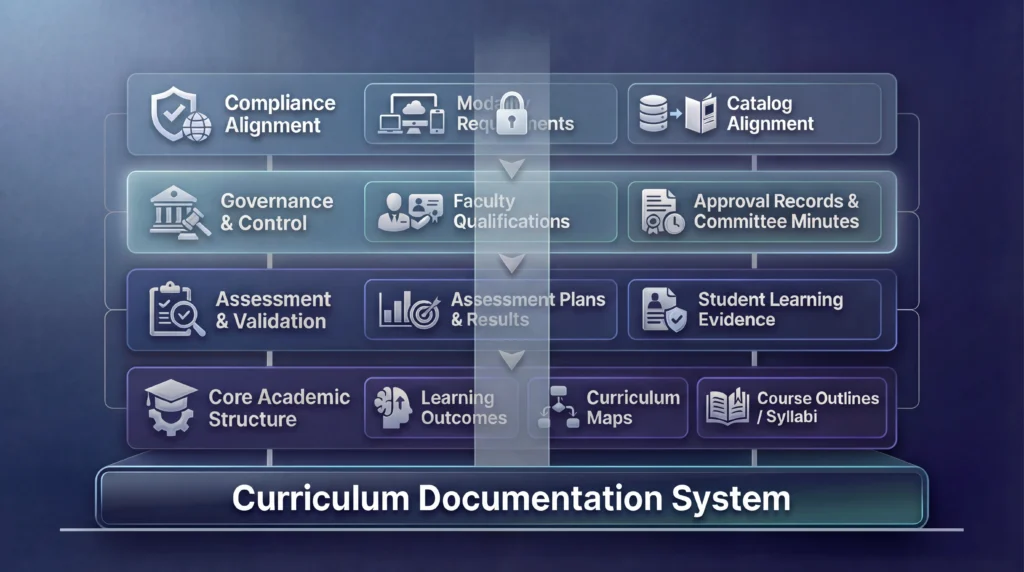 Curriculum documentation system showing structured academic evidence including learning outcomes, curriculum maps, assessment plans, faculty qualifications, and approval records for accreditation review