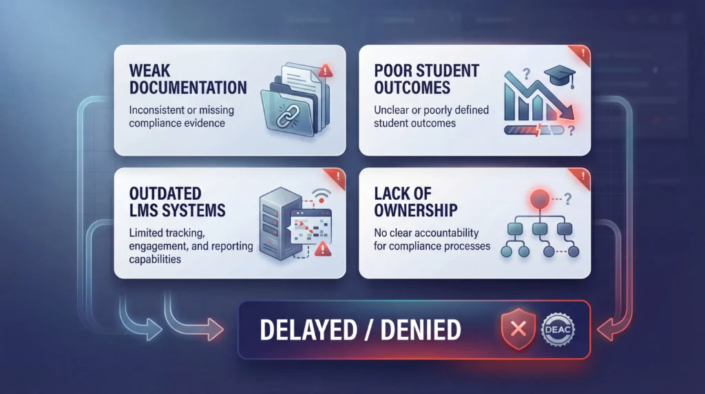 Infographic showing common DEAC accreditation failures such as weak documentation, poor student outcomes, outdated LMS systems, and lack of ownership resulting in delayed or denied accreditation decisions