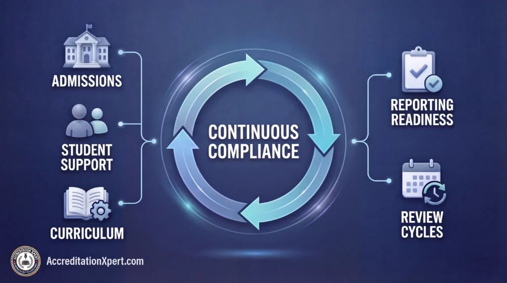 Continuous compliance monitoring and reporting readiness in a DEAC Quality Management System including admissions, student support, curriculum control, and review cycles