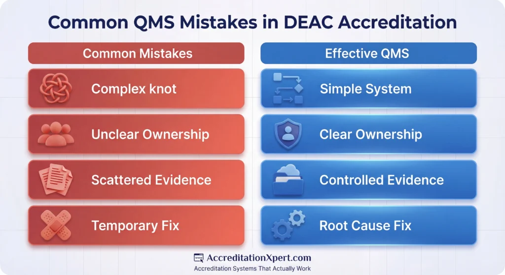 visual comparison of DEAC accreditation quality management system mistakes and effective compliance practices including ownership clarity and evidence control