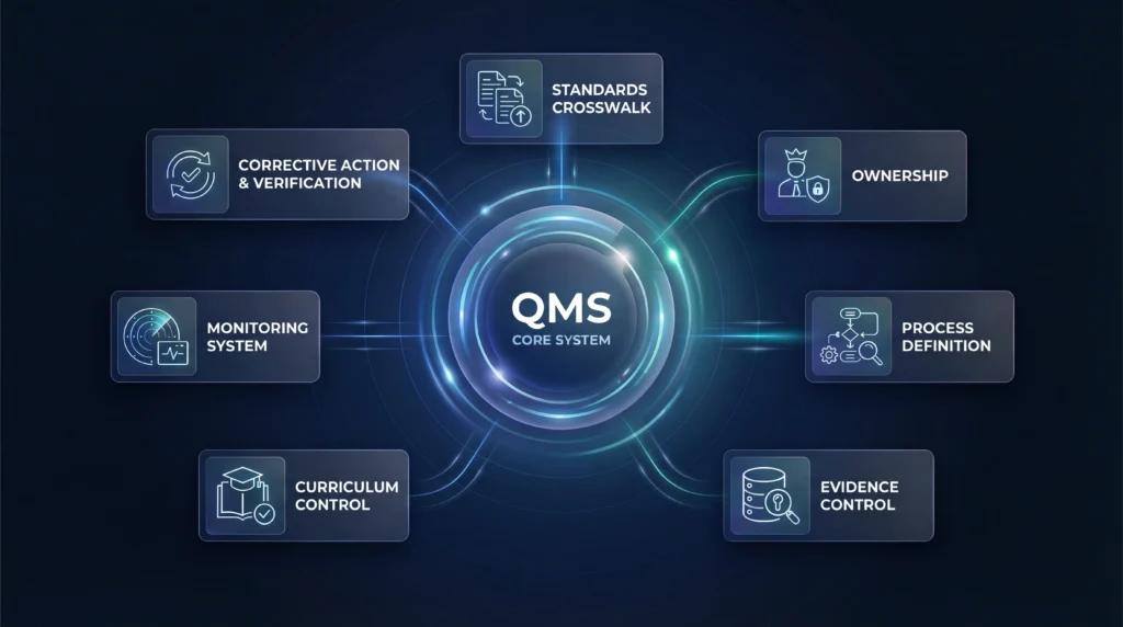 Advanced DEAC QMS framework diagram showing accreditation compliance system with standards crosswalk, ownership, process definition, evidence control, monitoring, curriculum control, and corrective action