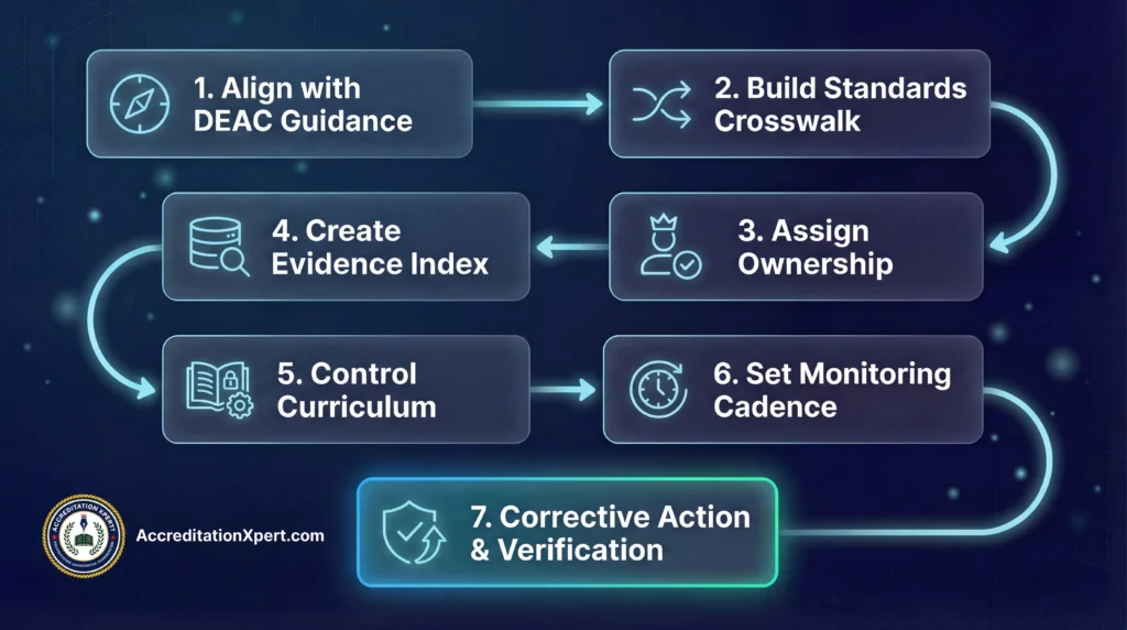 Step-by-step DEAC QMS implementation workflow including standards alignment, ownership assignment, evidence index, curriculum control, monitoring cadence, and corrective action verification