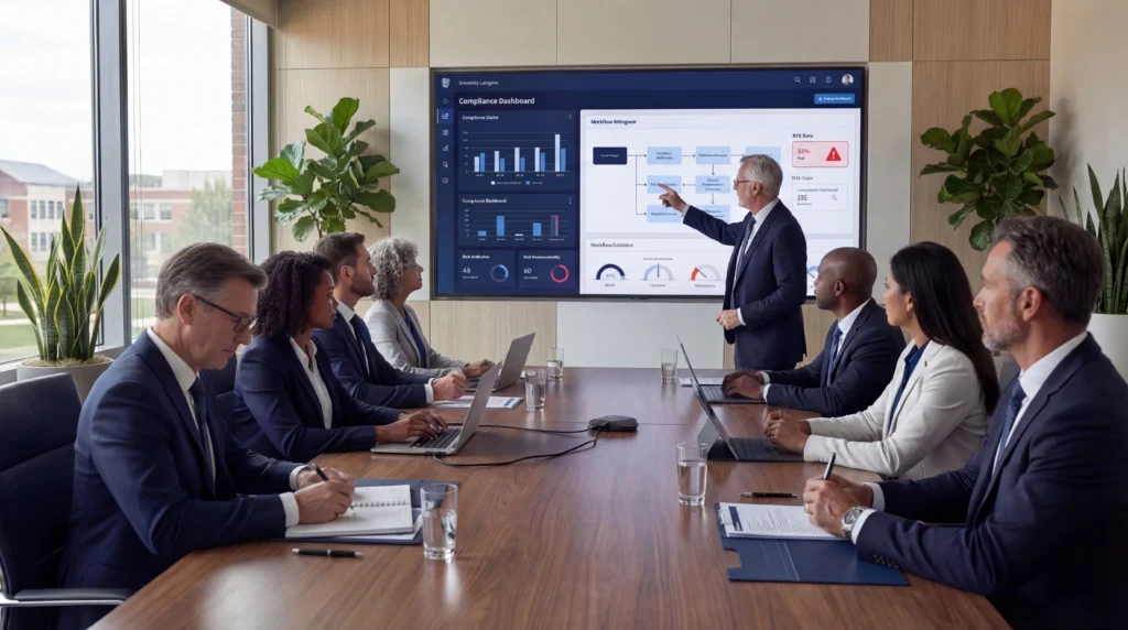 University leadership team analyzing early warning signs of compliance gaps in accreditation systems using structured data and monitoring dashboards