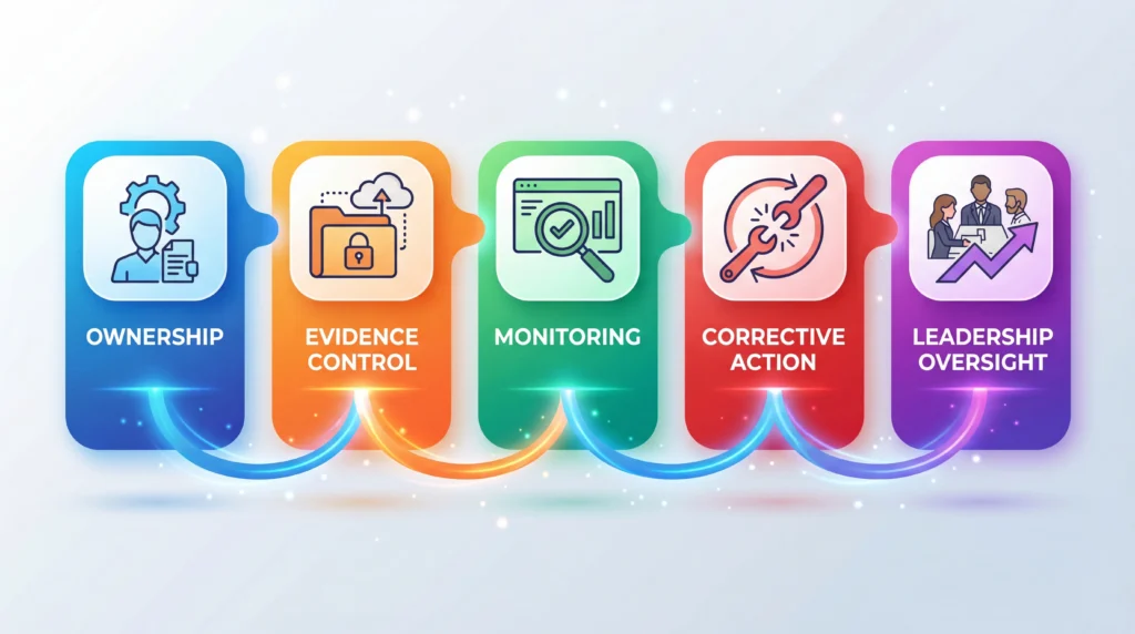 Infographic showing early warning signs of compliance gaps in institutions through QMS elements including ownership, evidence control, monitoring, corrective action, and leadership oversight
