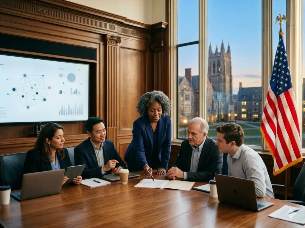 University executives analyzing accreditation non-compliance data and institutional monitoring systems in a professional boardroom setting.