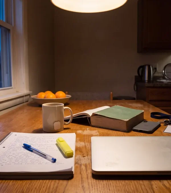 A closed laptop, an open notebook and a mug of tea on a kitchen table in the evening, where many distance education students study