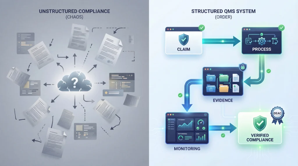 Conceptual diagram showing how a QMS in DEAC accreditation connects compliance claims to process, evidence, and monitoring for verifiable institutional compliance