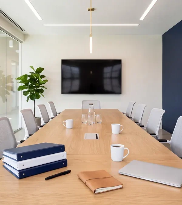 A bright, modern conference room in a career college, set for a quality review with navy binders, a closed laptop and coffee on a light oak table