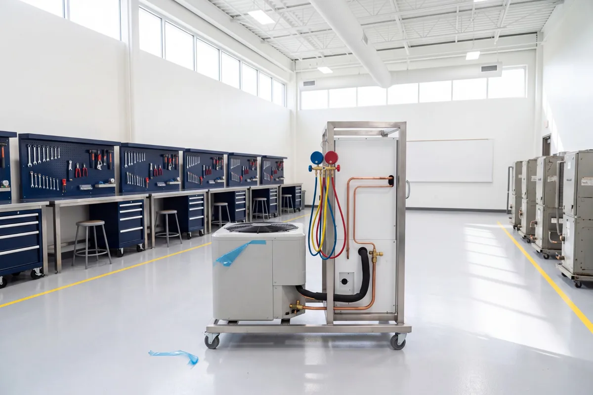 A newly installed HVAC training unit with protective film still on its panel in a bright, modern skilled-trades lab at a career college