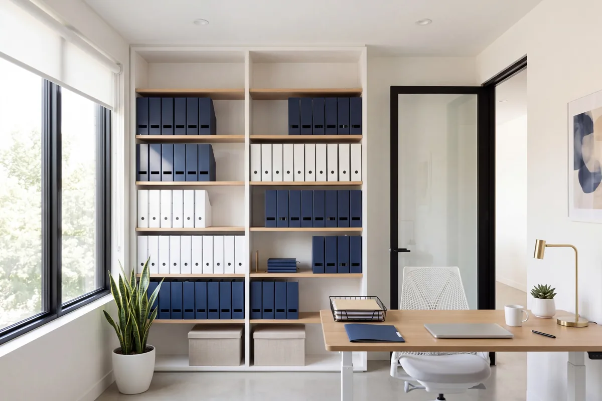 A bright compliance office in a career college with navy file boxes and white binders arranged in neat rows on open oak shelves