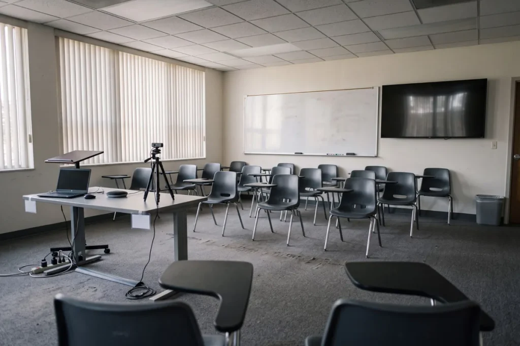 A small classroom with a camera on a tripod and a conference speaker, set up so students can attend in the room or join by video