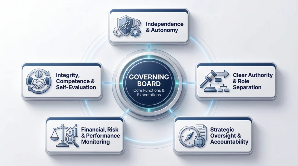 Governing board core functions framework showing independence, authority, oversight, financial monitoring, and self-evaluation in accreditation compliance